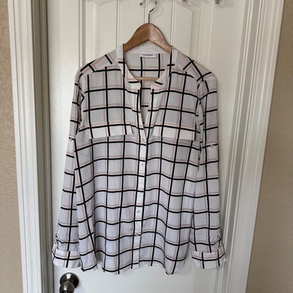 Calvin Klein Blouse Women L White Black Tan Grid Roll-Tab Button Down Good - Picture 2 of 8